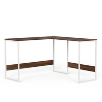 Table d'ordinateur portable en forme de L pour la maison ou le bureau, bureau, bureau, érable brun avec pieds en métal blanc