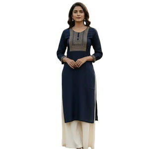 Meilleure offre : Ensemble Kurta/Kurti en tissu rayonne épais avec broderie, idéal pour le quotidien, le bureau et les fêtes, longueur genou, livraison mondiale - Product Image 1