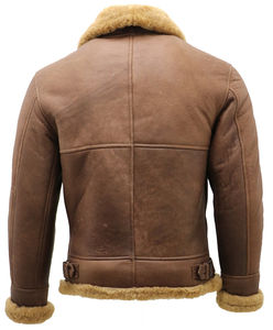 Wholesale Men's Brown <b>Sheepskin</b> Real Leather <b>Jacket</b> Coat Bomber <b>Flying</b> Shearling Zipper Closure Moto & Biker <b>Jackets</b> - Product Image 3