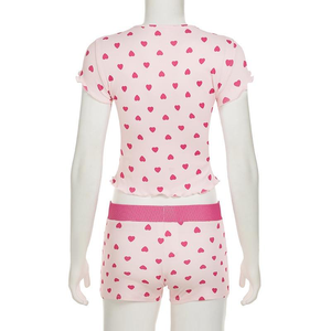 Ensemble 2 pièces décontracté pour femme Style printemps impression numérique haut à col rond au-dessus du genou Spandex/Polyester Shorts tissu tricoté rose - Product Image 4