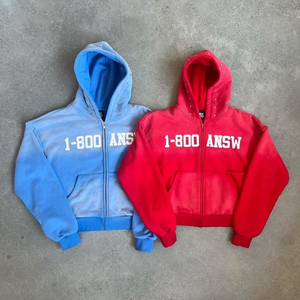 Sweats à capuche sweat 600gsm poids lourd épais en détresse recadrée fermeture éclair broderie Patch hommes acide lavage fermeture éclair à capuche - Product Image 6