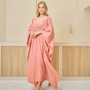 Precio al por mayor 100% tela de algodón cuello en V verano liso Kaftan vestido 3/4 mangas cómodo bohemio elástico largo Kaftan - Product Image 2