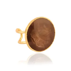 Attractive fine jewelry round shape brown jasper cabochon gold plated adjustable ring boho double layer open circle ring jewelry