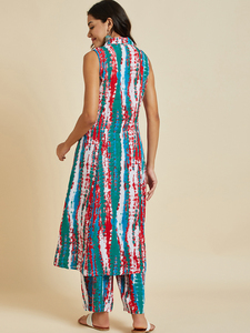 Nouveauté : Kurtis Rama pour femmes, prêt-à-porter, multicolores, imprimé tie-dye, col en V, coupe trapèze, en rayonne pure, avec pantalon palazzo assorti, vente en gros OEM - Product Image 3
