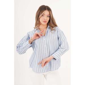 Blusa Azul Casual con Abertura Trasera a Rayas para Mujer, Marca LUSTRIN, para Uso Diario y de Oficina, Diseño Holgado y Cómodo - Product Image 1