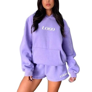 Conjunto de Sudadera con Capucha y Pantalones Cortos para Mujer, Antiarrugas, Transpirable, Informal, para Invierno, de Alta Calidad, Felpa, Corte Holgado, Personalizable en la Parte Delantera - Product Image 1