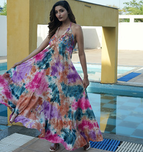 Robe Maxi Spaghetti de Designer Indien Travail à la Main Multi Tie Dye pour Femmes - Product Image 4