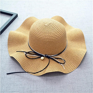 Colgante de perla trenzada Natural para mujer, lazo con volantes, ala ancha, sombrilla de verano, sombrero de paja plegable para viajes diarios, papel informal - Product Image 2