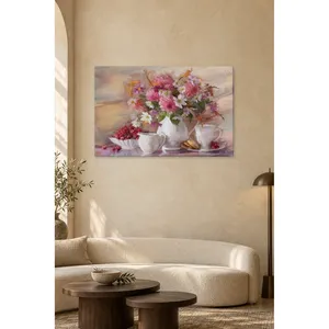 Impression sur toile Fida Pink Wildflowers and Tea Set Still Life - Product Image 4