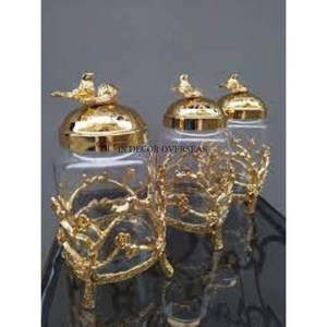 Arte creativo moderno Aspecto elegante Flores de metal chapadas en oro Diseñador Tapa superior y base Recipiente de vidrio transparente Suministros de utensilios de cocina - Product Image 2