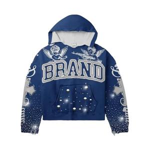Men's Customize Applique Patches Sun Faded Distressed Boxy Cropped Rhinestone Hoodie Casual 100% Cotton Fleece Hoodie For Unisex - Product Image 1