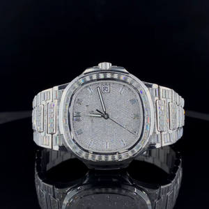Montre de luxe pour hommes ton argent baguette moissanite diamant bling montre-bracelet hip hop bijoux personnalisés cadeau montre-bracelet - Product Image 1