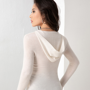Pull en tricot à capuche pour femme avec fermeture éclair, manches longues, couleur unie, vêtements d'automne, 100% cachemire, tricot à manches longues - Product Image 4