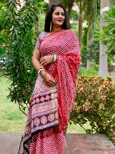 Multi Color Pure Cotton Lehriya Patola Print Sari Heavy Weaving Zari Chordal Indian & Pakistani Style - Product Image 4