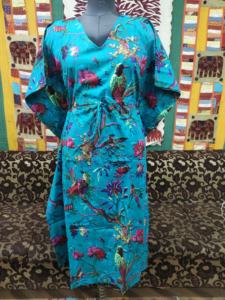 100% algodón puro lujo cuello en V longitud completa Kaftan turquesa pájaro estampado ligero suave ropa de dormir para mujeres Festival de verano - Product Image 5