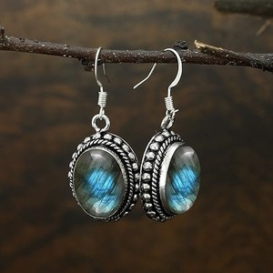 Labradorite Gemstone <b>Earrings</b> 925 <b>Solid</b> Sterling <b>Silver</b> Oval Shape <b>Earrings</b> for Women Girls Dangle <b>Earrings</b> <b>Silver</b> Jewellery - Product Image 3