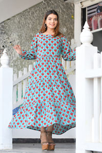 Robe mi-longue confortable pour femmes bloc de main élégant imprimé 100% coton indien robe décontractée écologique à manches longues - Product Image 3