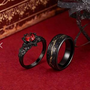 Jeulia Black Lotus Couple <b>Rings</b> <b>Set</b> in <b>Sterling</b> <b>Silver</b> with Ruby Flower Design for Wedding - Product Image 4