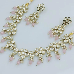 Flor elegante Kundan & Drop indio elegante Motipearl tradicional tono dorado Kundan perla gargantilla collar pendiente conjunto Mujer y Niña - Product Image 1