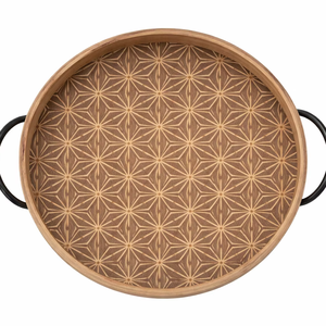 Plateau rond en bois gravé à motif étoile, avec deux poignées, plateau artisanal, plateau de présentation, plateau de service - Product Image 1