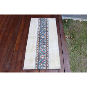 Alfombra Turca Vintage, Alfombra de 1.8x3.8 pies, Alfombra Azul con Rayas Pequeñas - Product Image 4