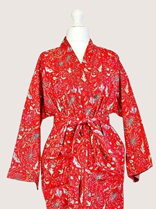Bata Larga Estampada Floral para Mujer, Manga Larga, Cuello Vuelto, 100% Algodón Suave, Estilo Casual de Primavera, Cierre con Cordón - Product Image 1