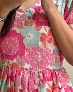 เดรสแม็กซี่ทรงเอไลน์สำหรับผู้หญิงเดรสยาวพิมพ์ลายดอกไม้แนวโบฮีเมียนแขนพองและกระดุมสำหรับออกนอกบ้านในฤดูร้อน - Product Image 3