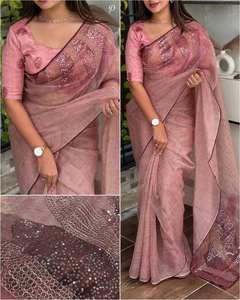 Lancement d'une nouvelle belle collection de saris lumineux avec séquence d'impression numérique sur tissu en soie d'organza pur - Product Image 1