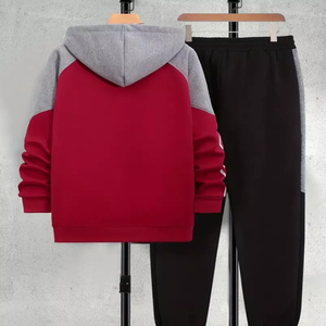 ชุดเสื้อกันหนาวมีฮู้ดสำหรับผู้ชาย, ผ้าฝ้าย100% แนวสปอร์ตสีเทาเบอร์กันดีมีซิประบายอากาศได้ดีสวมใส่สบาย2ชิ้นสำหรับฤดูหนาว - Product Image 2