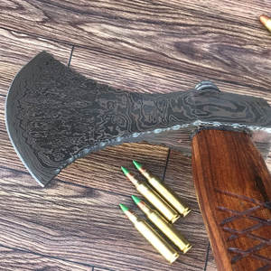 ขวานเหล็กดามัสกัสเกรดสะสม งานแฮนด์เมด ลายสวยงาม ด้ามไม้เรียบ สำหรับตั้งโชว์ สะสม และผู้ที่ชื่นชอบกิจกรรมกลางแจ้ง - Product Image 6