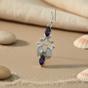 Boucles d'oreilles pendantes en argent sterling 925 pour femmes avec pierre de lune et améthyste, fermoir plaqué or 18 carats, hypoallergéniques - Product Image 1