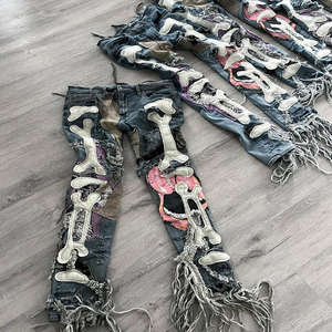 Jeans boyfriend imprimés délavés pour hommes, bouton personnalisé, dernier streetwear tendance, pantalon skinny respirant - Product Image 3