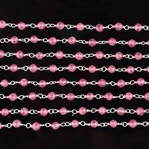 Cadena de Rosario de cuentas redondas microfacetadas de turmalina Rosa Natural, piedra de turmalina de 3mm, cadena de eslabones envueltos en alambre de plata de ley 925 - Product Image 6