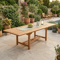 Table de salle à manger rectangulaire moderne extensible en teck massif durable pour l'extérieur, plateau à lattes, pieds sur pieds, rangement portable