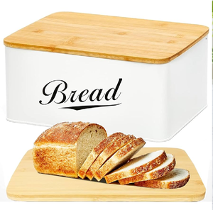 Caja de pan de metal blanco con tapa de tabla de cortar de Bambú | Contenedor de almacenamiento de cocina moderna | OEM/ODM y pedidos a granel - Product Image 1