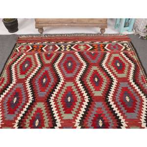 Tapis turc 5,3 x 9,1 pieds, grand tapis vintage, tapis en laine à imprimé animal rouge et bleu - Product Image 3