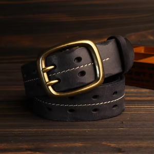 Ceinture en cuir véritable OEM pour hommes, double aiguille, première couche de cuir de vache, boucle en cuivre, design creux, ceintures en cuir de vache - Product Image 2