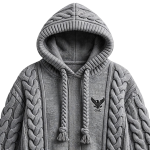 <b>Grey</b> Cable Knit Hoodie for <b>Men</b> Chunky Braided Sweater Hooded Pullover with Ribbed Cuffs Casual Winter Streetwear Knitwear Styles - Product Image 5