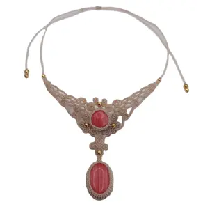 Ketting Beige Zand Rhodochrosite Steen Gouden Kralen Handgemaakte Edelsteen Hanger Labradoriet Choker, Maansteen Parel Ketting