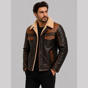 Premium Quality <b>Men's</b> <b>Leather</b> <b>Jacket</b> With Sherpa Lining Turn-down Collar Button Closure - Product Image 1