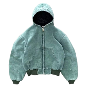Sweat-shirt personnalisé en détresse avec capuche à cordon de serrage, sweat à capuche en denim zippé et délavé à l'acide pour les vêtements de rue - Product Image 1