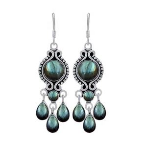 Boucles d'oreilles cabochon en pierres précieuses Labradorite Boucles d'oreilles en argent sterling massif 925 pour femmes filles Boucles d'oreilles pendantes Bijoux en argent - Product Image 1