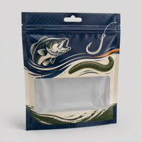 Sacs d'emballage personnalisés en plastique souple pour leurres de pêche (hameçons, vers, appâts) avec fenêtre transparente, fermeture éclair refermable et trou Euro