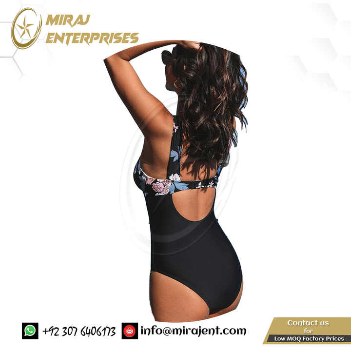 Cut Out Back Monokini Swimwear New Bathing Suit Beachwear Plunge Neck Black Floral Swimsuit for Women Sexy