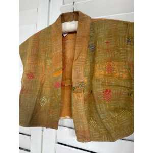 Golden Kantha Embroidered <b>Capped</b> <b>Sleeve</b> <b>Top</b> for Outer Wear - Product Image 1