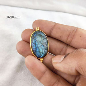 <b>Labradorite</b> Gemstone Flower Carving Pendant Rhodium & Gold Plated Brass <b>Jewelry</b> - Product Image 1
