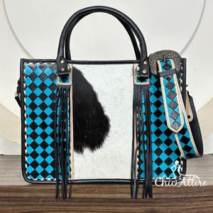 Wholesale Custom Hand <b>Tooled</b> Cowhide Leather <b>Tote</b> <b>Bag</b> Black Blue Checkered Pattern Handbag with Fringe Shoulder Strap for Women - Product Image 1