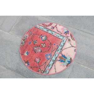 Alfombra Vintage de 1.7x1.7 pies, Alfombra Turca Redonda, Alfombra Ikat Roja y Azul - Product Image 2