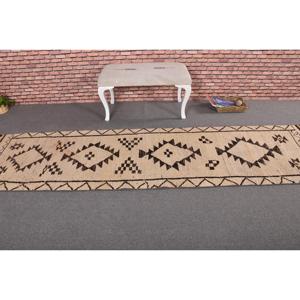 Alfombra Turca Vintage, Alfombra de Pasillo de 2.8x11.3 pies, Alfombra de Lana Marrón con Puntos Blancos - Product Image 3