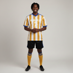 Camiseta de Fútbol Personalizada OEM Original de Alta Calidad, 100% Poliéster Transpirable, Rayas Amarillas y Blancas, Diseño Sublimado - Product Image 1